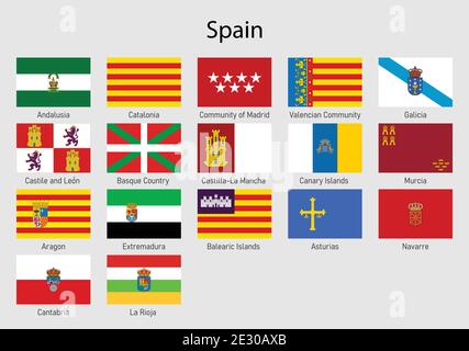 Set Flags of the communities of Spain, All Spanish regions flag collection Stock Vector
