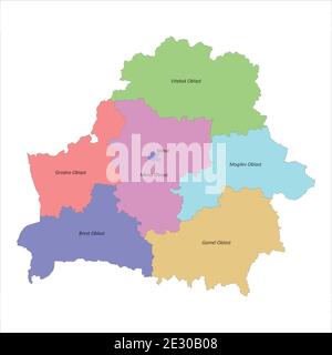High quality colorful labeled map of Belarus with borders of the regions Stock Vector