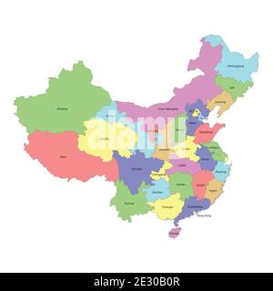 High quality colorful labeled map of China with borders of the provinces Stock Vector