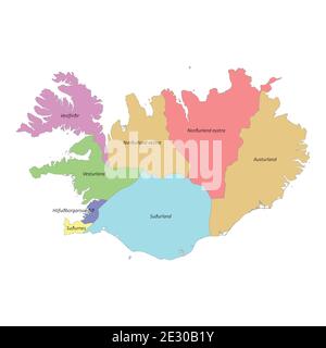 High quality colorful labeled map of Iceland with borders of the regions Stock Vector