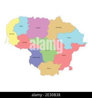 High quality colorful labeled map of Lithuania with borders of the regions Stock Vector
