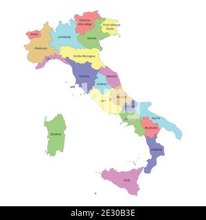 High quality colorful labeled map of Italy with borders of the regions Stock Vector