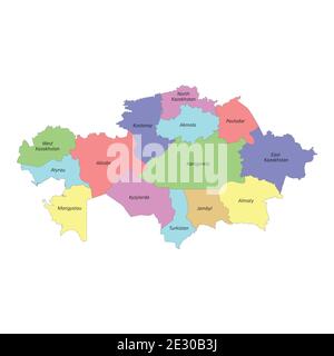 High quality colorful labeled map of Kazakhstan with borders of the regions Stock Vector