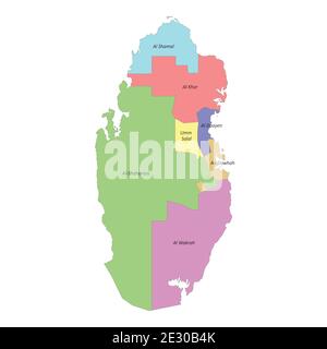 High quality colorful labeled map of Qatar with borders of the regions Stock Vector