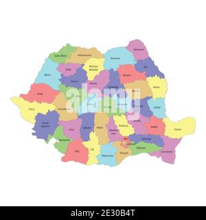 High quality colorful labeled map of Romania with borders of the regions Stock Vector