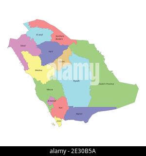 High quality colorful labeled map of Saudi Arabia with borders of the regions Stock Vector