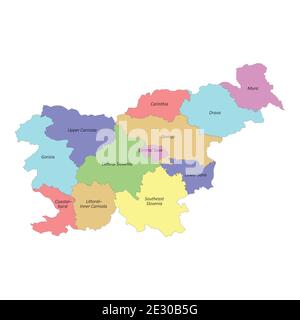 High quality colorful labeled map of Slovenia with borders of the regions Stock Vector