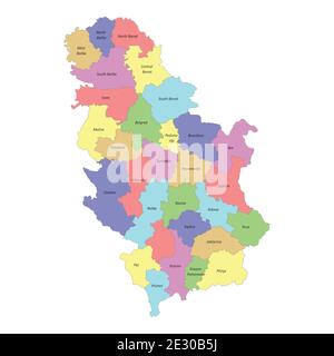 High quality colorful labeled map of Serbia with borders of the regions Stock Vector