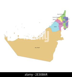 High quality colorful labeled map of United Arab Emirates with borders of the regions Stock Vector