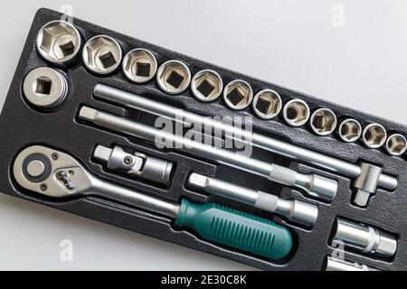 Universal tool set for repair. Background. Close-up. Selective focus. Stock Photo