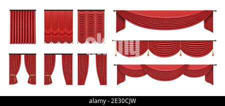 Red curtains set in classic style isolated on white background. Realistic 3d Luxury vector illustration. Stock Vector