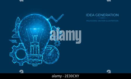 Abstract polygonal vector illustration of idea generation. Low poly light bulb concept made of lines and dots isolated on blue background. Stock Vector