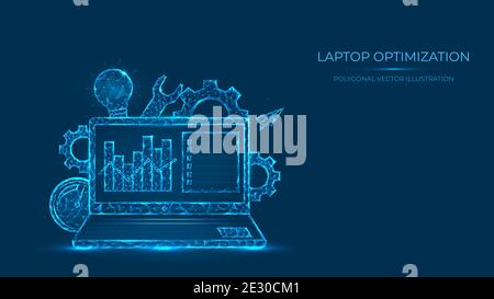 Abstract polygonal vector illustration of laptop optimization. Low poly concept of laptop made from lines and dots. Search engine optimization. Stock Vector