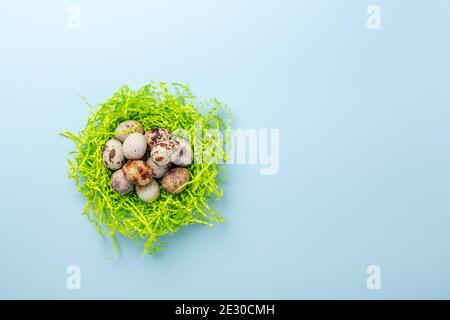 Cute Easter composition. Paper nest with easter quail eggs on blue background. Top view. Copy space - Image Stock Photo