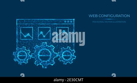 Abstract polygonal vector illustration of web configuration. Low poly concept of web page and gears made of lines and dots isolated on blue background Stock Vector