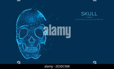 Abstract polygonal human skull made of lines and points isolated on blue background. Low poly horror vector illustration Stock Vector