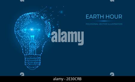 Earth hour vector illustration. Abstract polygonal light bulb and earth map made of lines and dots isolated on blue background. Stock Vector