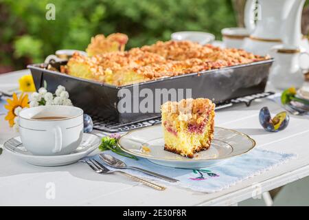 Sweet and homemade cake with plum with coffee in garden Stock Photo