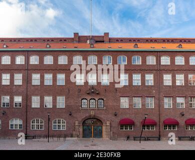 Famous Traditional old Brick Building and entrance to School or University Hvitfeldtska on a hill in Gothenburg Sweden. Stock Photo