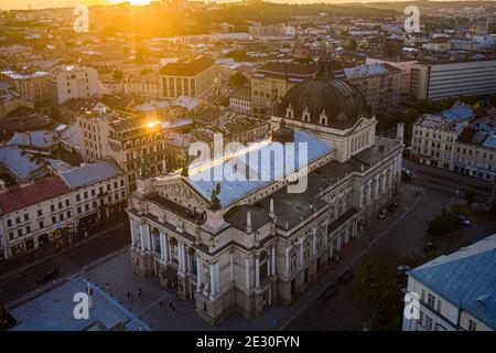 Lviv, Ukraine - August , 2020: Aerial veiw on Lviv Opera House from drone Stock Photo