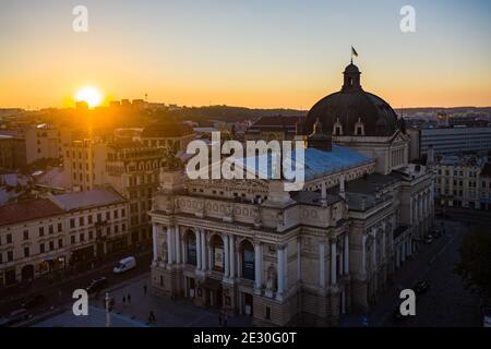 Lviv, Ukraine - August , 2020: Aerial veiw on Lviv Opera House from drone Stock Photo