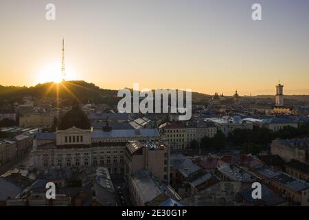 Lviv, Ukraine - August , 2020: Aerial veiw on Lviv Opera House from drone Stock Photo