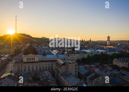 Lviv, Ukraine - August , 2020: Aerial veiw on Lviv Opera House from drone Stock Photo