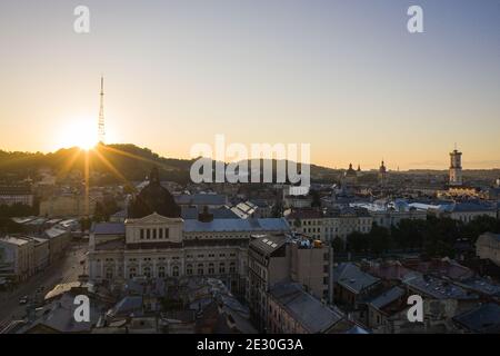 Lviv, Ukraine - August , 2020: Aerial veiw on Lviv Opera House from drone Stock Photo