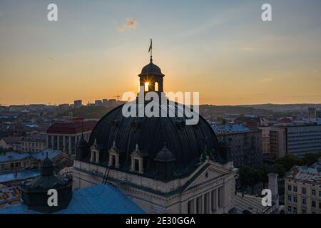 Lviv, Ukraine - August , 2020: Aerial veiw on Lviv Opera House from drone Stock Photo