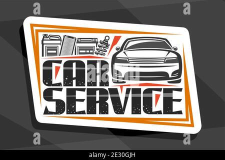 Vector logo for Car Service, decorative signboard with illustration of sports car, gallon can, professional shock absorber, air filter and battery, si Stock Vector