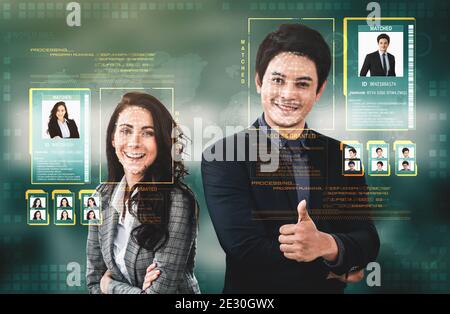 Facial recognition technology scan and detect people face for identification . Future concept interface showing digital biometric security system that Stock Photo