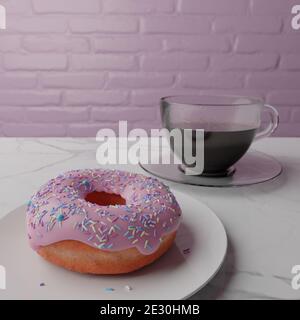 Donut or glazed cashew nuts with 3d sprinkle.Thread with colored and cup of coffee Stock Photo