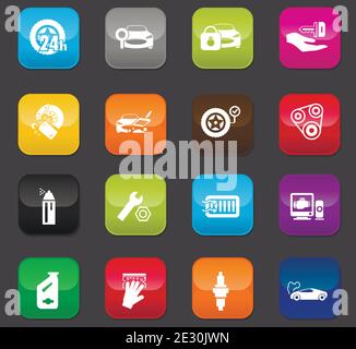 Car shop icon set for web sites and user interface. Colored buttons on a dark background Stock Vector