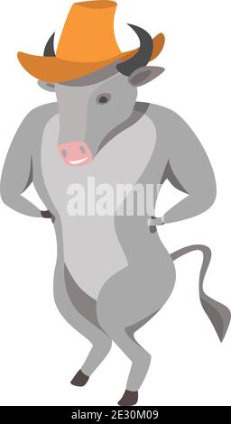 grey bull in cowboy's hat is standing Stock Vector