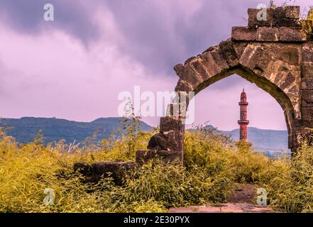 Chand Minar or the Tower of the Moon is a medieval tower Daulatabad, also known as Devagiri a 14th-century fort near Aurangabad Maharashtra INDIA Stock Photo