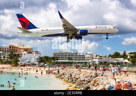 Sint Maarten, Netherlands Antilles - September 17, 2016: Delta Air Lines Boeing 757-200 airplane at Sint Maarten Airport (SXM) in the Caribbean.
