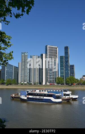 Thames river view of the Albert embankment including the Corniche and Dumont, near Nine Elms and Vauxhall, London, United Kingdom Stock Photo