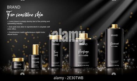 Luxury skincare set of products in modern black containers with sample text. Vector 3D concept of cosmetics ads marketing on stage or retail display Stock Vector