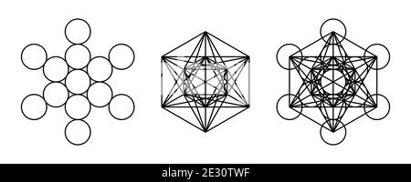 Components of Metatrons Cube. Mystical symbol, derived from the Flower of Life. All thirteen circles are connected with straight lines. Stock Photo