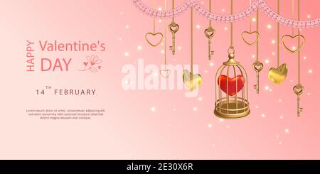 Happy Valentine's Day banner. Hanging keys, golden birdcage, hearts and pink flower garland Stock Vector