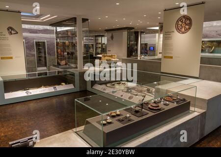 General view across displays in the Wessex Gallery, The Salisbury Museum, Salisbury, Wiltshire, UK. Stock Photo