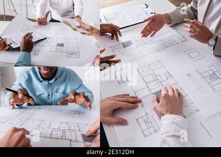 collage of interracial business partners gesturing near blueprint and giving bribe to african american businessman, partial view Stock Photo