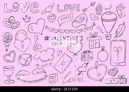 Huge set of icons for Valentine s day. Vector illustration of doodle objects for the holiday on February 14. Set of hand-draw pictures for romance, wedding, date, invitation, greeting card, love. Icons for banners, sales, apps, or ads. Cute pink images for Valentine s day. Stock Vector