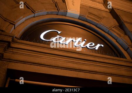 Prague, Czech Republic / Czechia - December 7, 2020: Cartier jewelry and jewellery - shop and store with jewels and luxurious goods. Shallow focus. Stock Photo