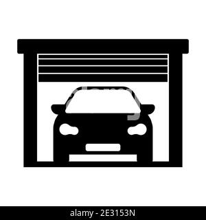 Garage open door and vehicle icon. Home parking black symbol. Vector illustration. Stock Vector