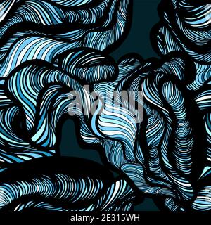 Abstract seamless hand drawn floral wavy tangle background pattern. blue background. Vector illustration Stock Vector
