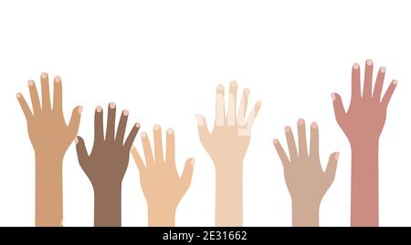 Group of Multiethnic Diverse Hands Raised Stock Photo - Alamy