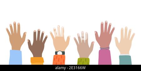 Group of Multiethnic Diverse Hands Raised Stock Photo - Alamy
