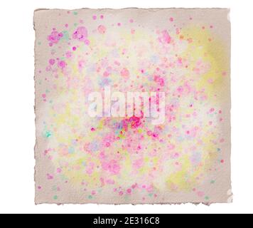 Abstract watercolor pastel splashes in red, green and yellow on brown aquarell paper sheet with torn edges. Image isolated on white background. Stock Photo