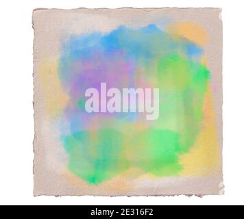 Abstract watercolor pastel splashes in blue, green and purple on handmade rough aquarell paper sheet. Image isolated on white background. Stock Photo